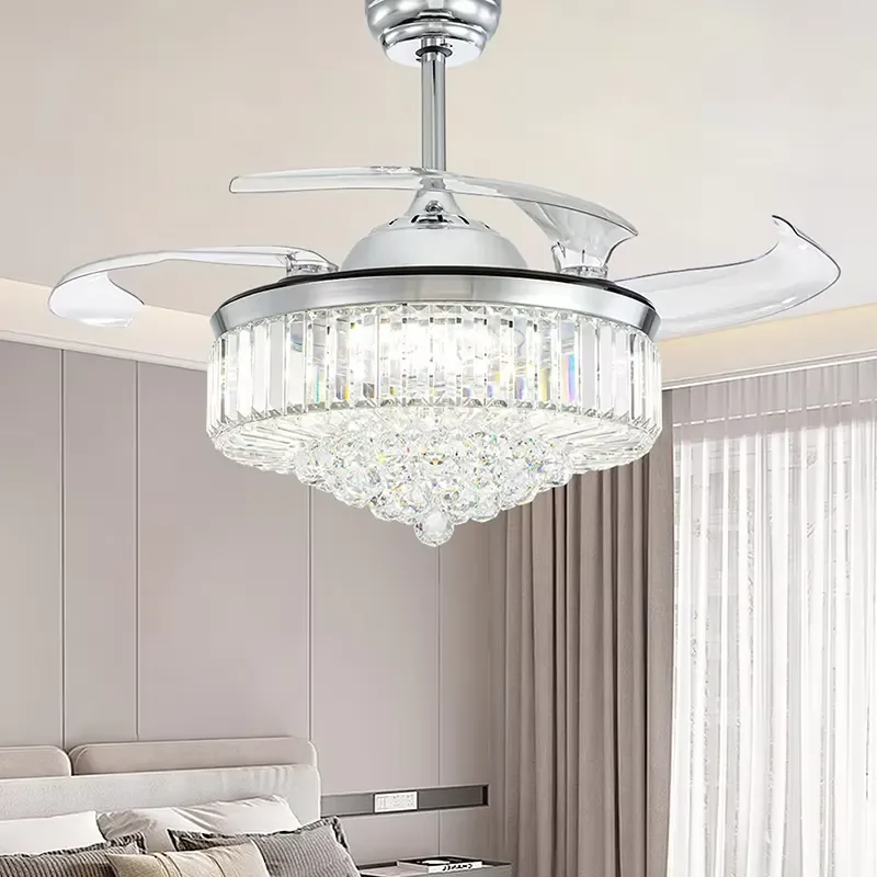 Luxury Crystal Smart LED Lamp Hotel Remote Control Retractable Chandelier Fan Light Ceiling Living Lighting