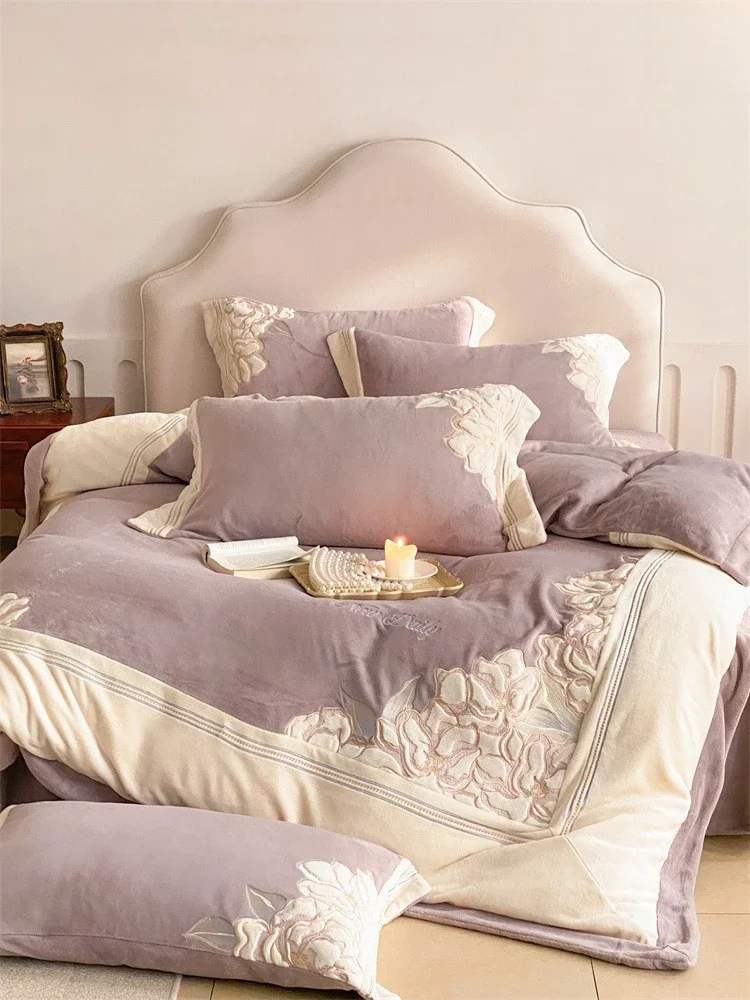 Customizable French Purple Winter Warm Milk Fleece Four-piece Set