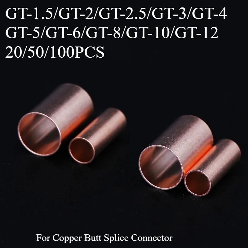 GT 1/1.5/2.5/4/6/10/16/25/35/50mm2 Wire Cable Copper Splice Joint Sleeve Ferrule Lug Small Connector Pipe Tube Crimp Terminal