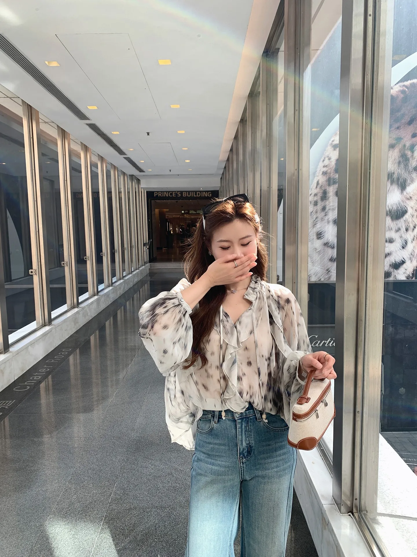 

New 307 Gentle Leopard Print Ruffle Hem irt Irregular French Sle Loose Fit Long Sve Women's Breathable Polyester irt