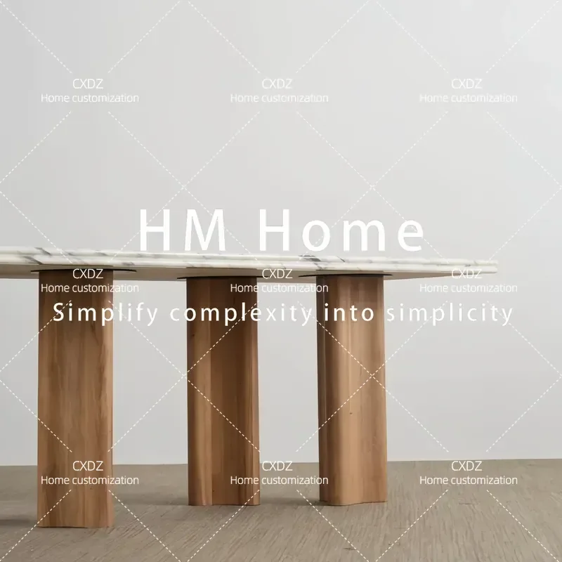 Natural Marble Rectangular Dining Table with Solid Wood Legs Light Luxury Style Customizable Home Furniture