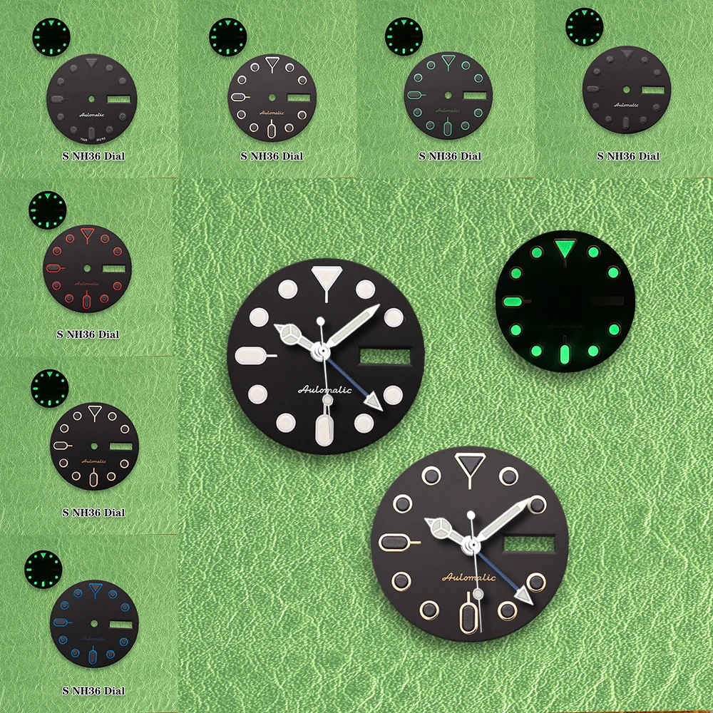 28.5mm SS Logo Dial SKX007 Dial Dual Calendar NH36 Dial Fit 4R36 Movement Green Luminous Watch Modification Accessories