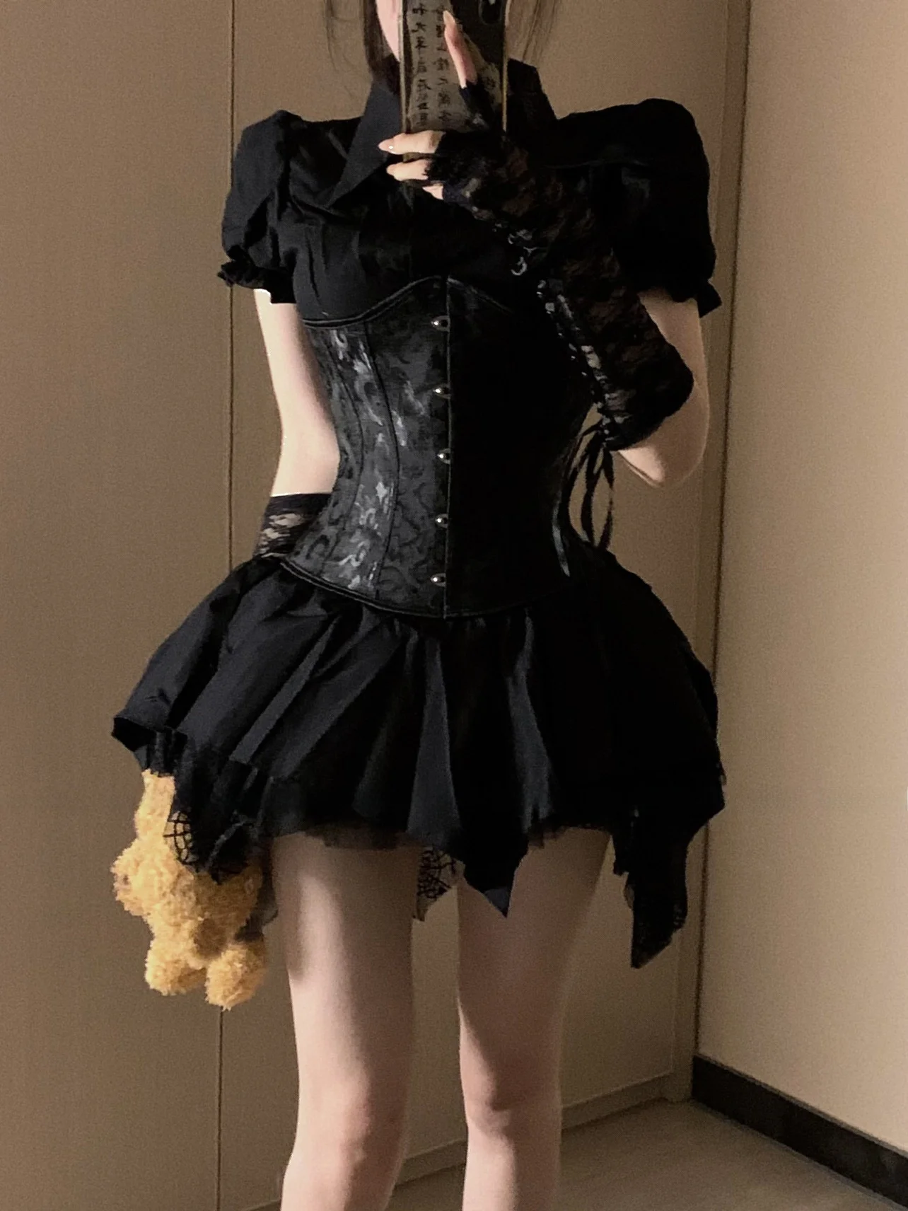 K loween-Conjunto de Cosplay para mujer, corte entallado, irt con Bubble Sve + falda acampanada de doble capa de encaje, disfraz Faionable