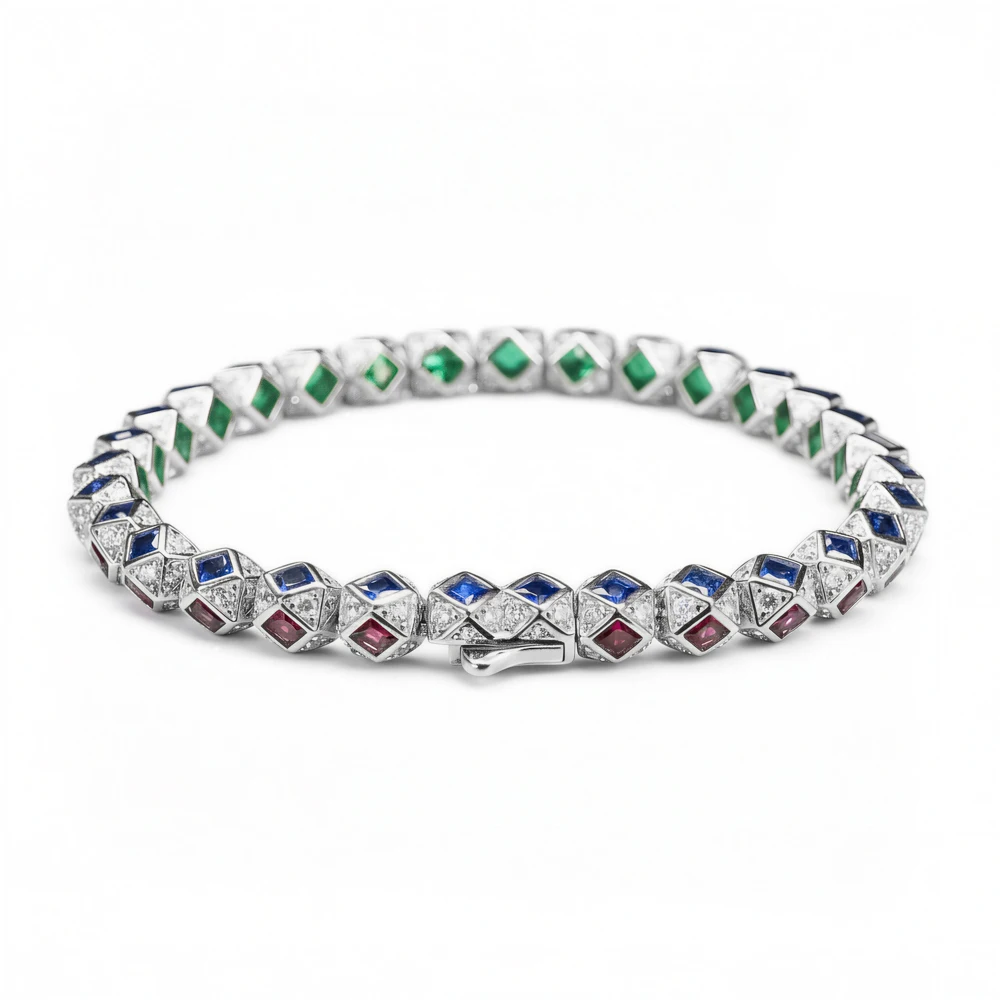 

Роскошный женский браслет из стерлингового серебра 925 пробы с рубинами, изумрудами и сапфирами огранки «Принцесса», изысканное ювелирное украшение для помолвки, банкета, подарок