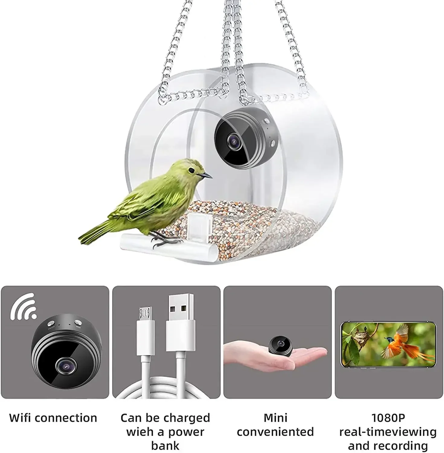 Smart Bird Feeder Acrylic with Camera Bird House Pet Feeder Transparent 1080P HD Easy Installation for Outdoor Garden