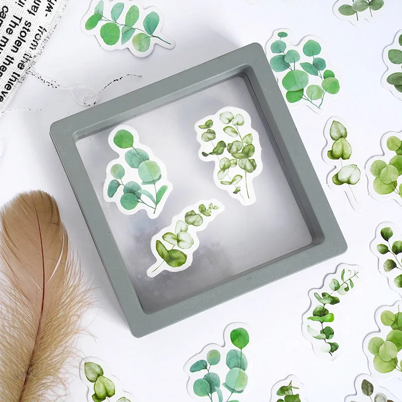 46Sheets Box-packed Stickers Eucalyptus Leaf Set Small Fresh Green Leaf Hand Account Decorative Material Stationery Stickers