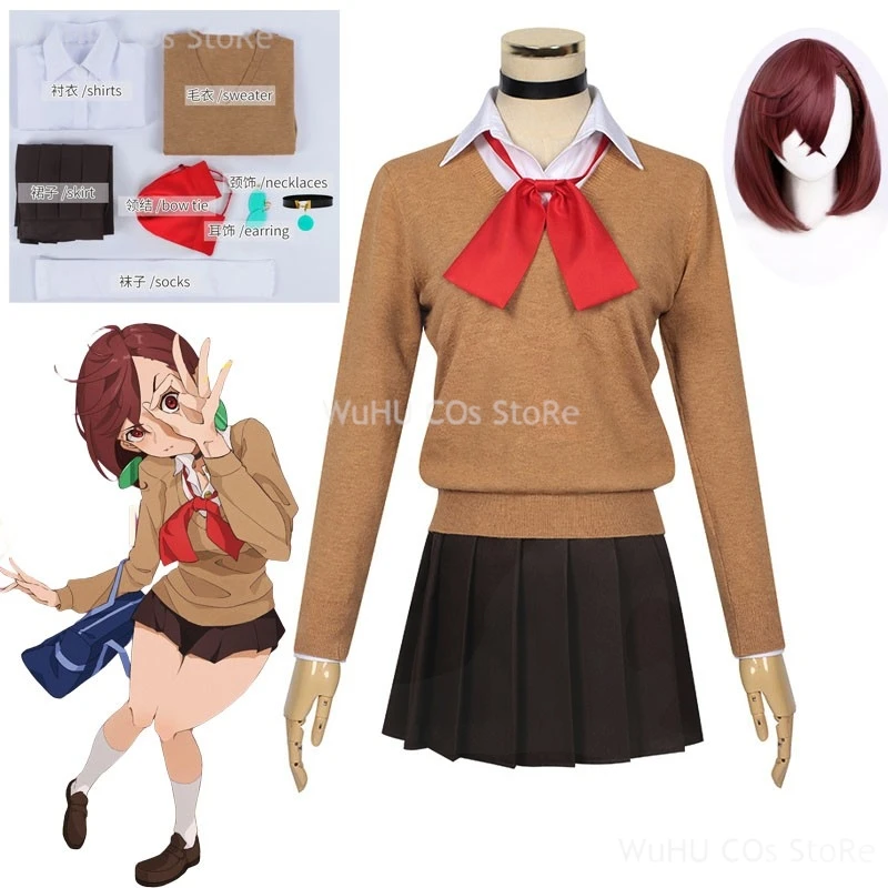 

Momo Ayase Cosplay Costume Wig Anime Dandadan School JK Uniform Earrings Pink Sweater Skirt Halloween Party Women