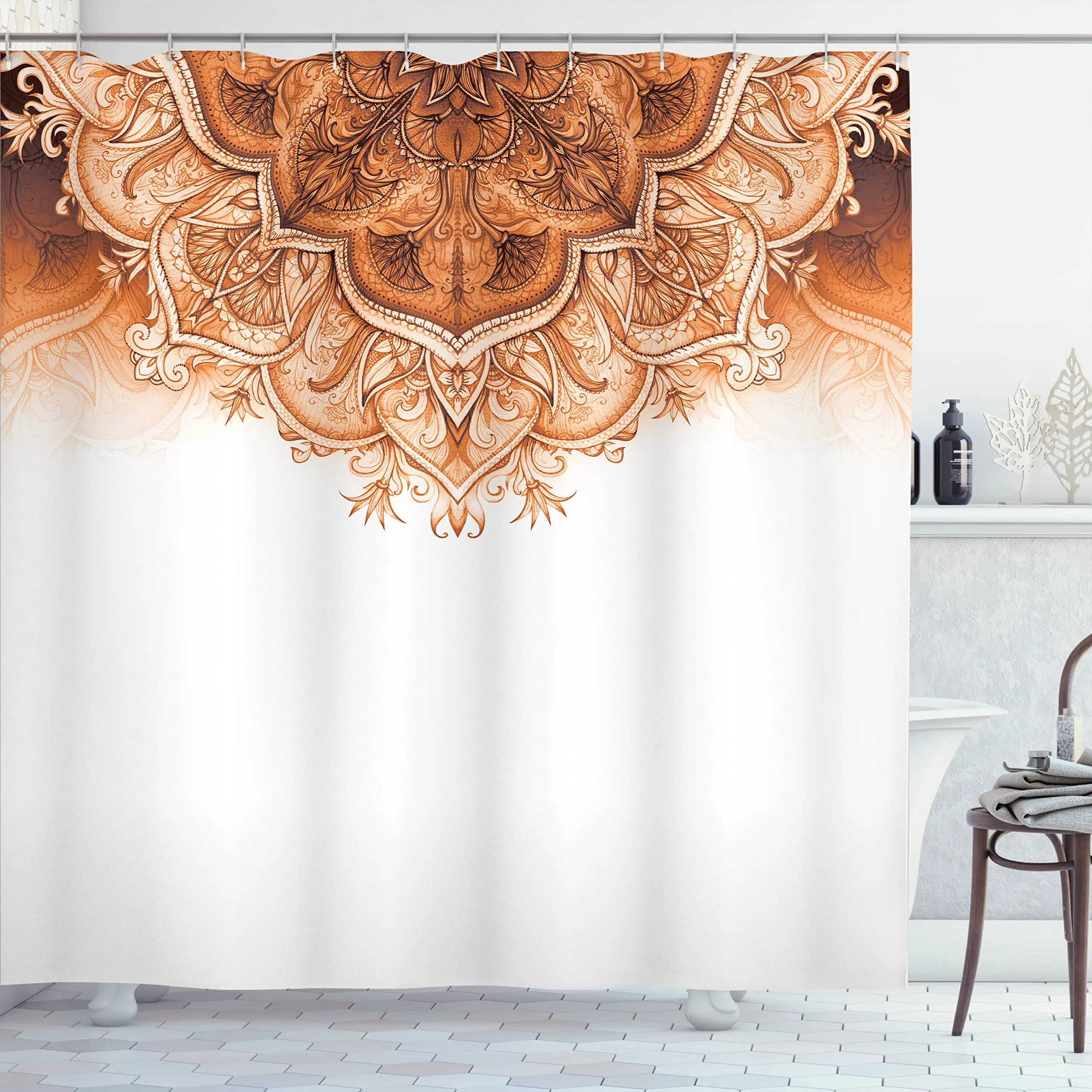 Moroccan Shower Curtain,Floral Art Vintage Style Eastern Architectural Elements Oriental Pattern,Cloth Fabric Bathroom Decor Set