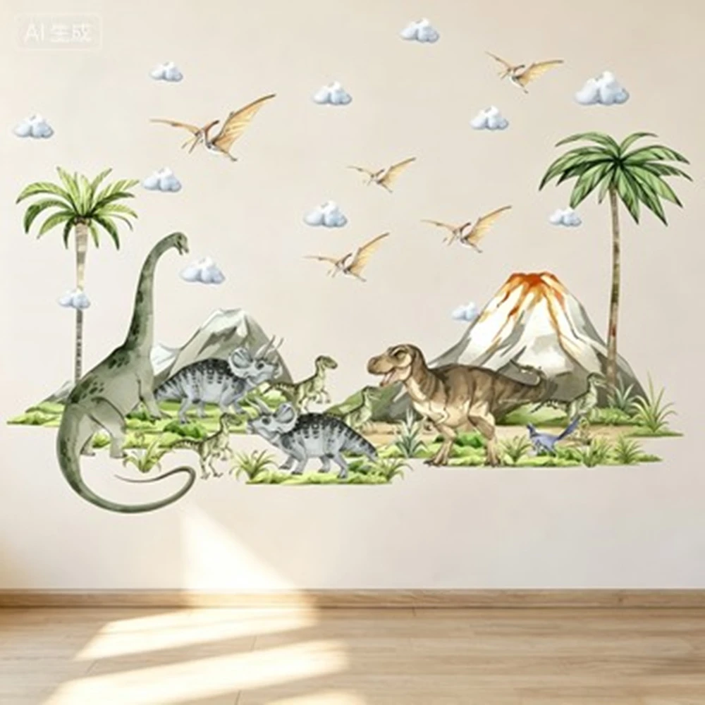 Aquarell-Dinosaurier-Abenteuer Wandaufkleber Abziehen & Aufkleben Vinyl-Vulkan-Palmen-Wolken-Sticker für Jungenzimmer Kinderzimmer DIY Heimdekoration