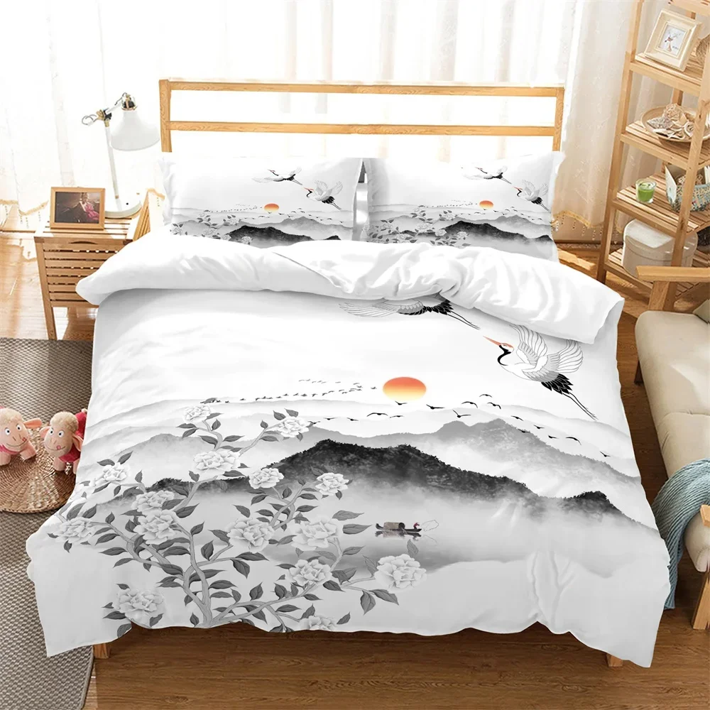 

Nature Landscape Duvet Cover King_Queen Size,Chinese Ink Painting Style Bedding Set Mountain River 2_3pcs Polyester Quilt Cover