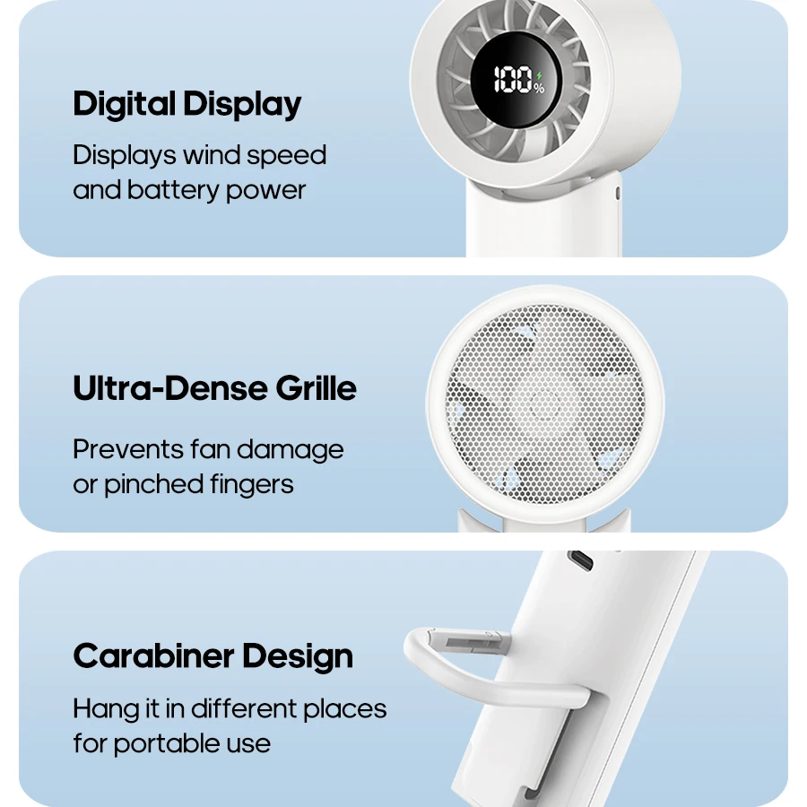 Foldable Cooling Fan Rechargeable 2000mAh Portable Student Handheld Fan 100 Speed Turbo Fan w/ Drawer Type Carabiner & Display