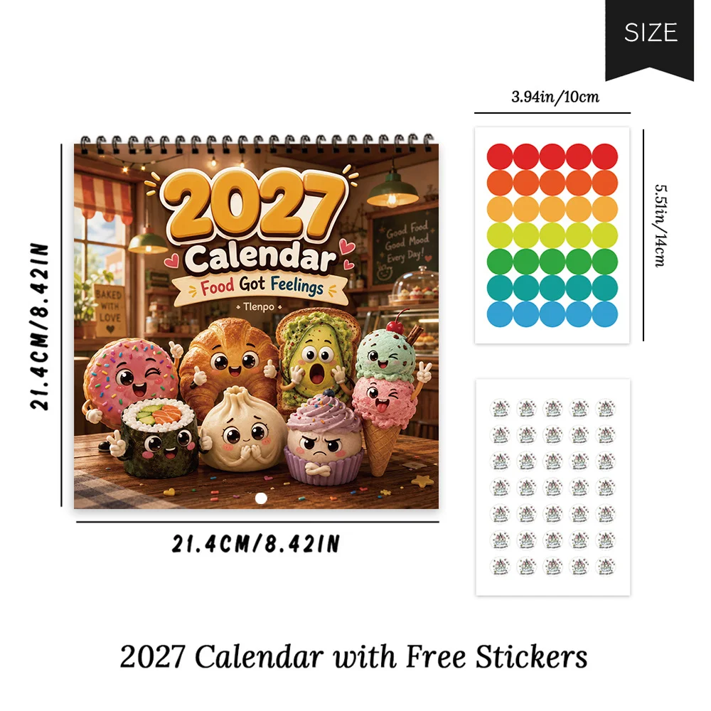 1pc 2027 Food Cartoon Wall Calendar,12‑Month Planner,Gift For Back‑to‑School,Christmas,New Year,Free Stickers Included