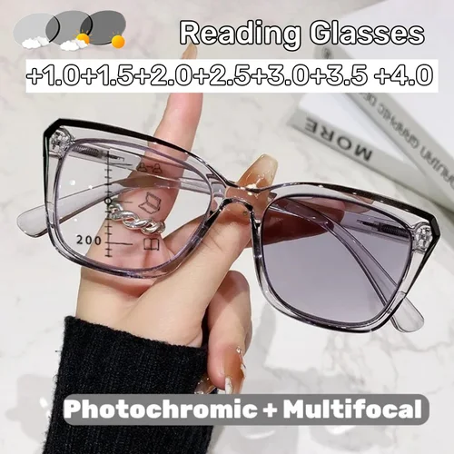 Gafas de lectura fotocromáticas multifocales de gran tamaño a la moda, gafas de presbicia estilo INS para mujer con más dioptrías a + 4,0