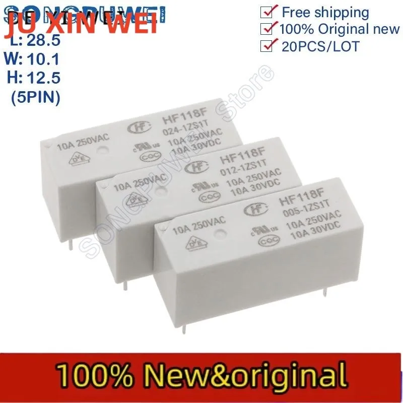 10Pcs/Lot HF118F Power Relay 5V 12V 24V 48VDC 5Pin 10A 1 Form C HF118F-005-1ZS1T HF118F-012-1ZS1T HF118F-024-1ZS1T Original new