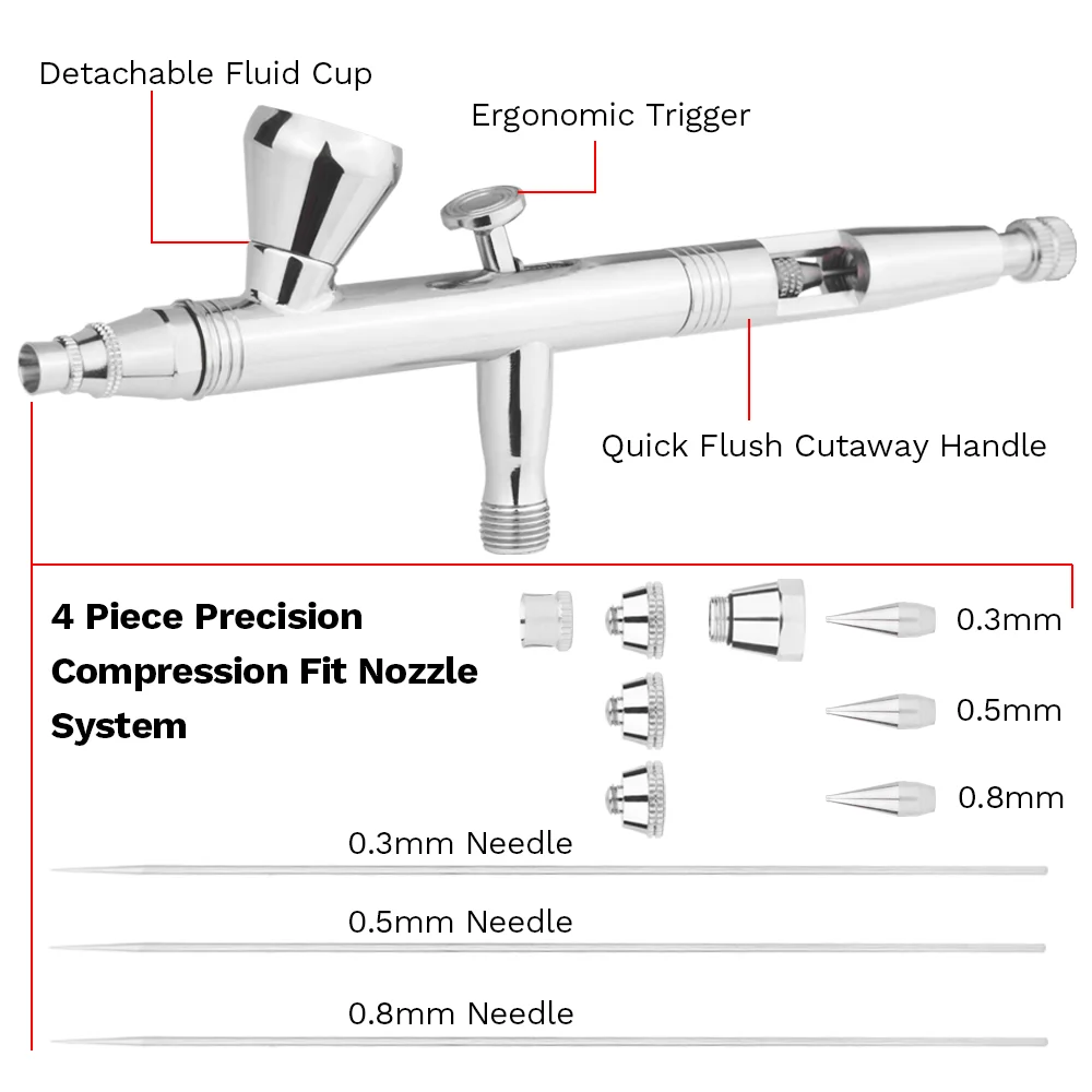 NEOECO NCT-183K Airbrush 2cc/5cc/13cc Detachable Fluid Cups with Hose, 0.3, 0.5, 0.8mm Compression Fit Nozzle Neelde kit