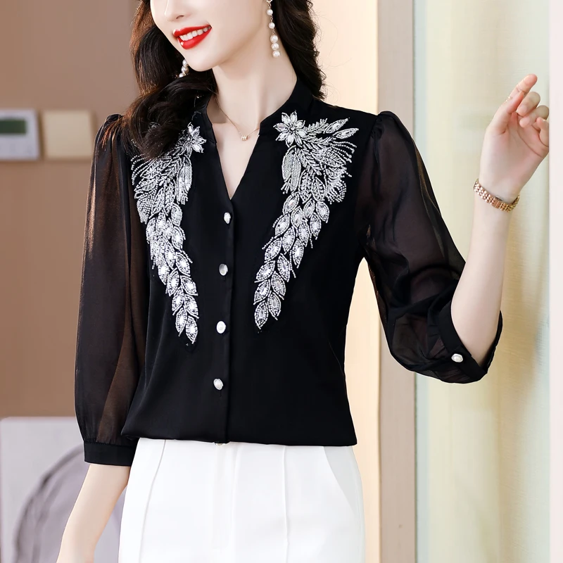 

Bla Lace Embroidery Heavy Work Women's irt Spring Summer New Sle Outerwear Design Sense Blouse Polyester Fiber Sve