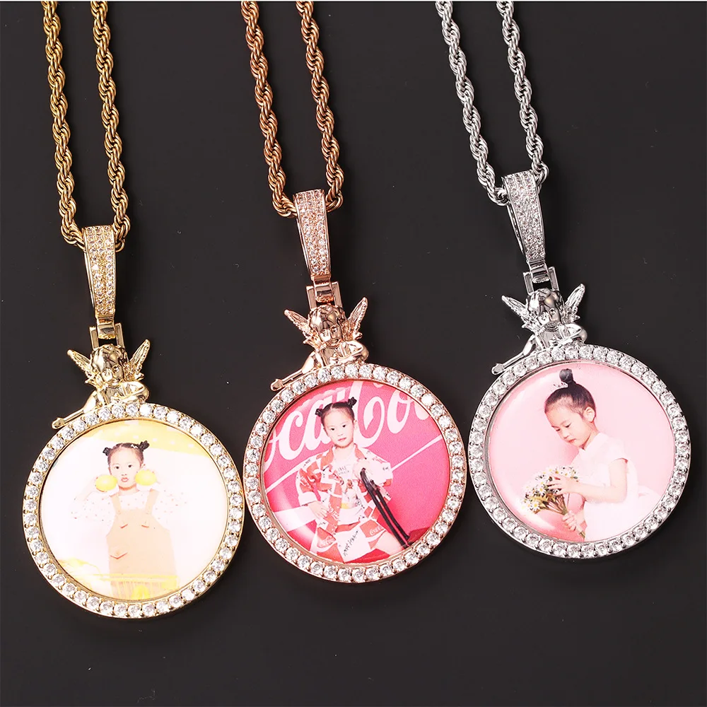 

Hip-Hop Personalized Custom Photo Pendant Copper Inlaid Zircon Solid DIY Creative Angel Photo Frame Necklace