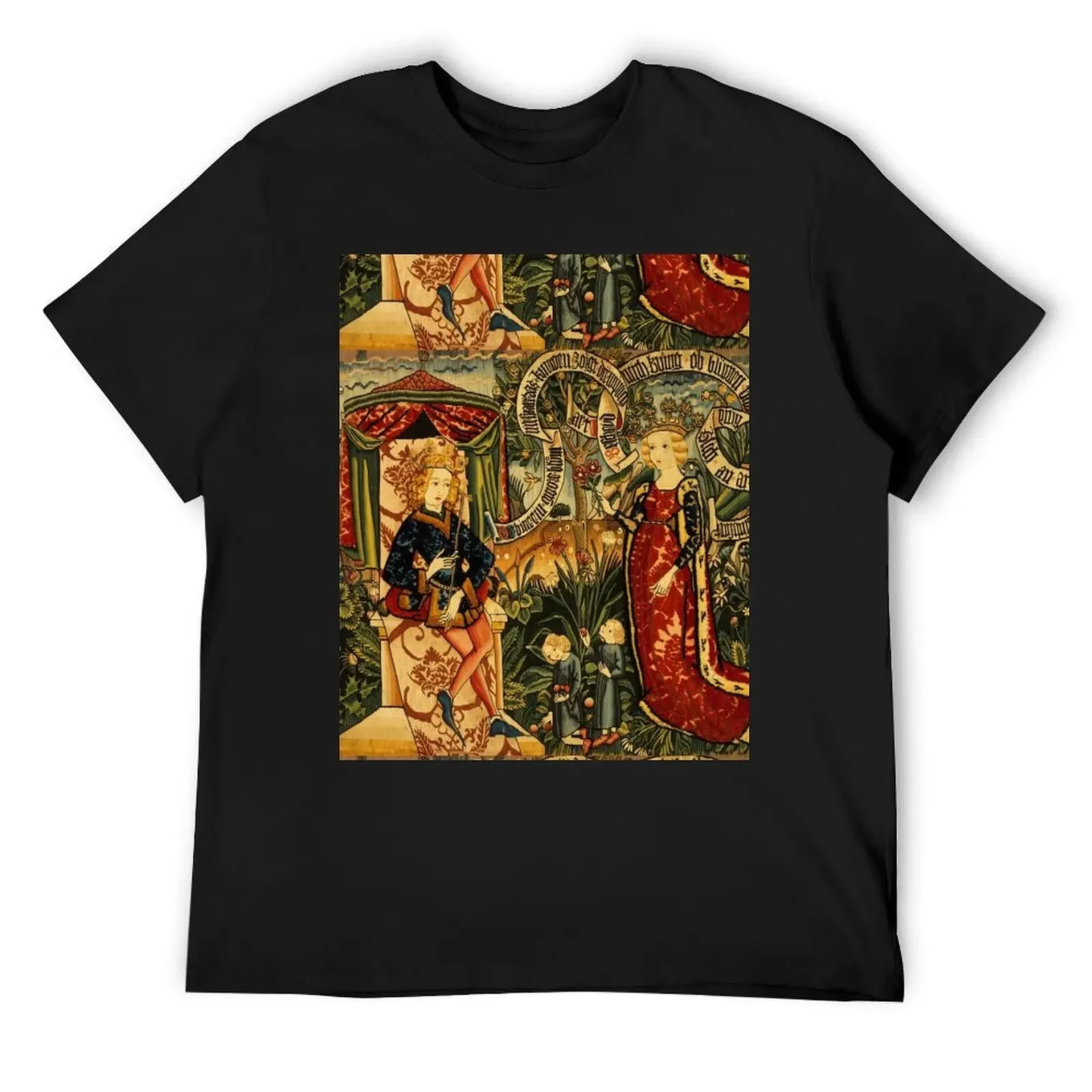 Two Riddles of the Queen of Sheba, футболка с средневековым гобеленом, роскошная дизайнерская одежда на день Святого Валентина, мужские футболки Two Riddles of the Queen of Sheba, футболка с средневековым гобеленом, роскошная дизайнерская одежда на день Святого Валентина, мужские футболки