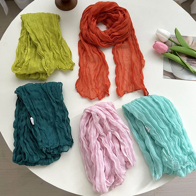 Scarf Women's 2024 New Versatile Candy Color Small Twist Embossed Silk Scarf Plain Color Bali Yarn Shawl Scarf