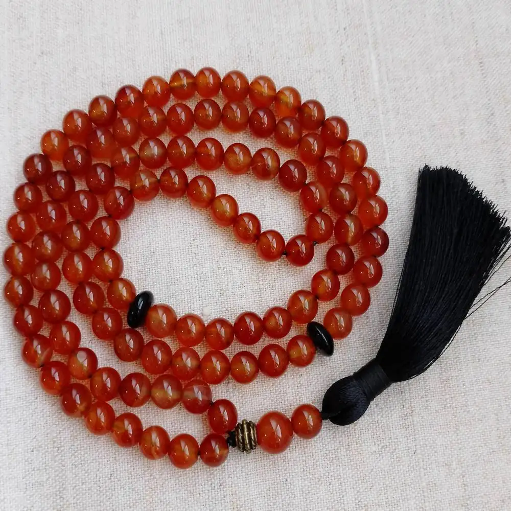 

Natural Red Carnelian 108 Beads Mala Necklace with Black Tassel Spiritual Meditation Jewelry