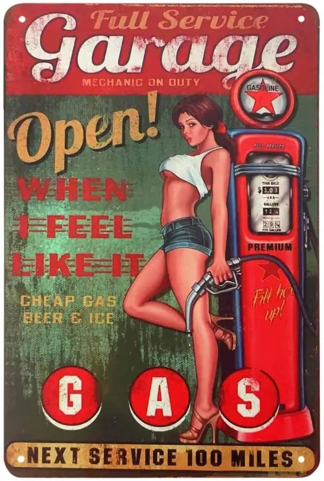 AOYEGO Pin Up Tin Sign,Full Service Garage Sexxy Women Stand Leaning Against The Gas Station Vintage Metal Tin Signs for Cafe