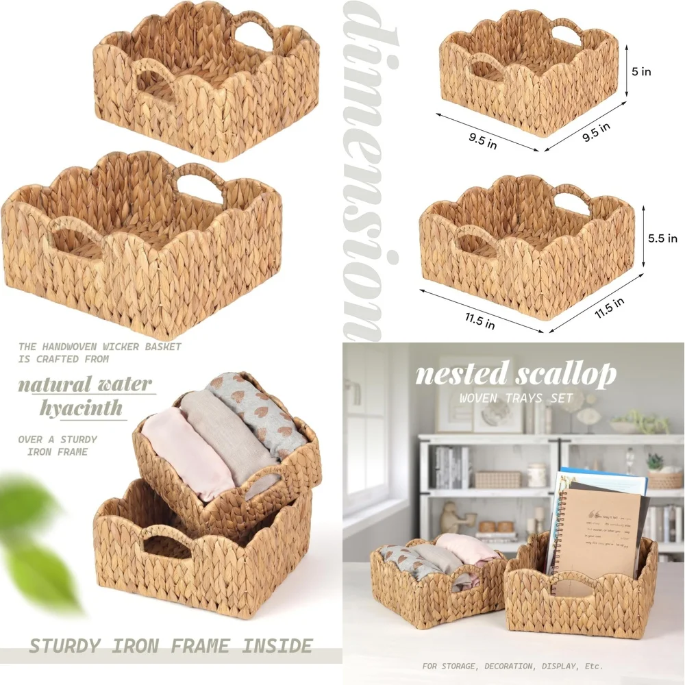 

Household Storage BasketsFan shaped hyacinth basket 2 piece set woven storage bins with handles natural home organization