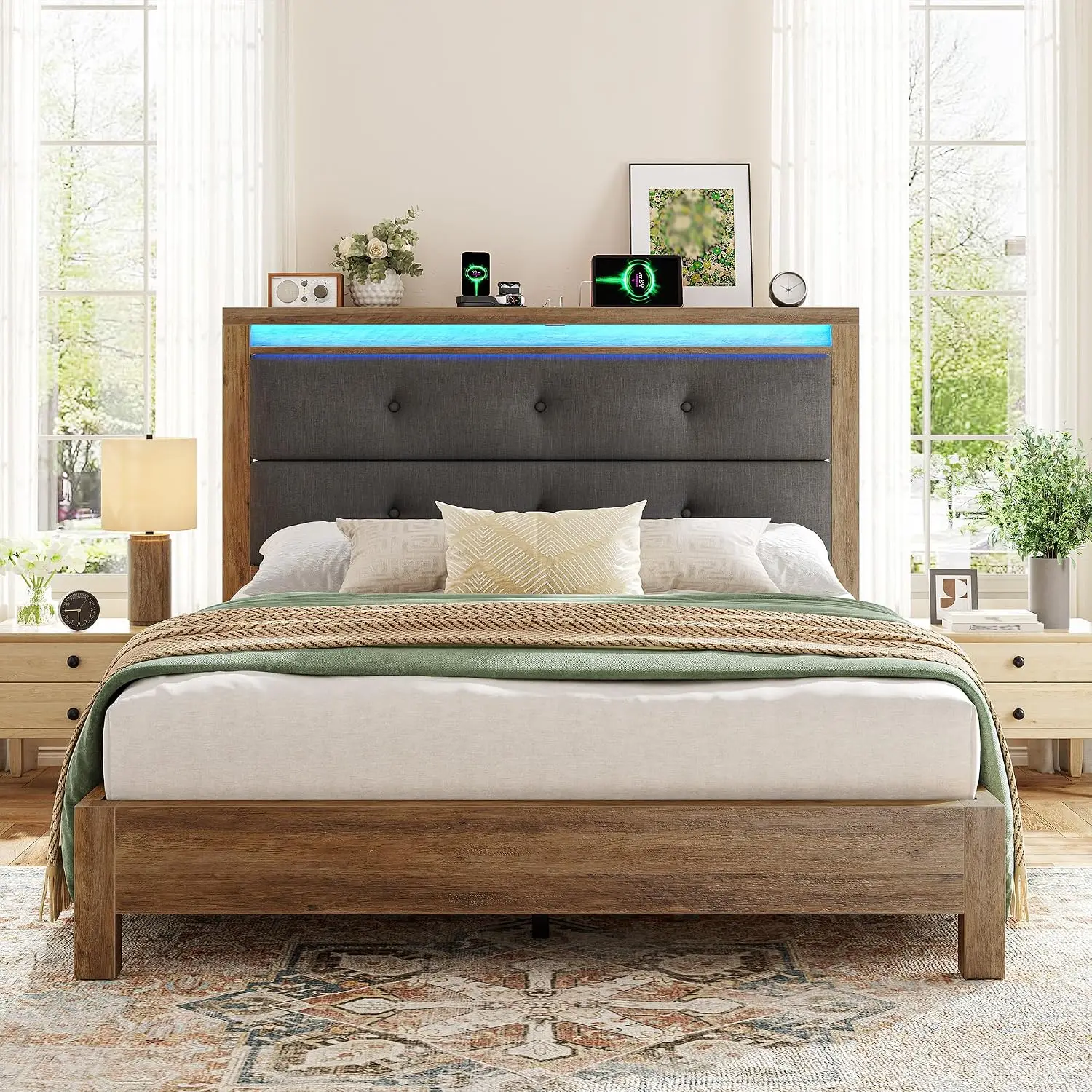 Full Size Upholstered Platform Bed with USB&Type-C Charging, LED Lights, Storage Headboard, 1000 lbs, No Box Spring, Grey, Custo