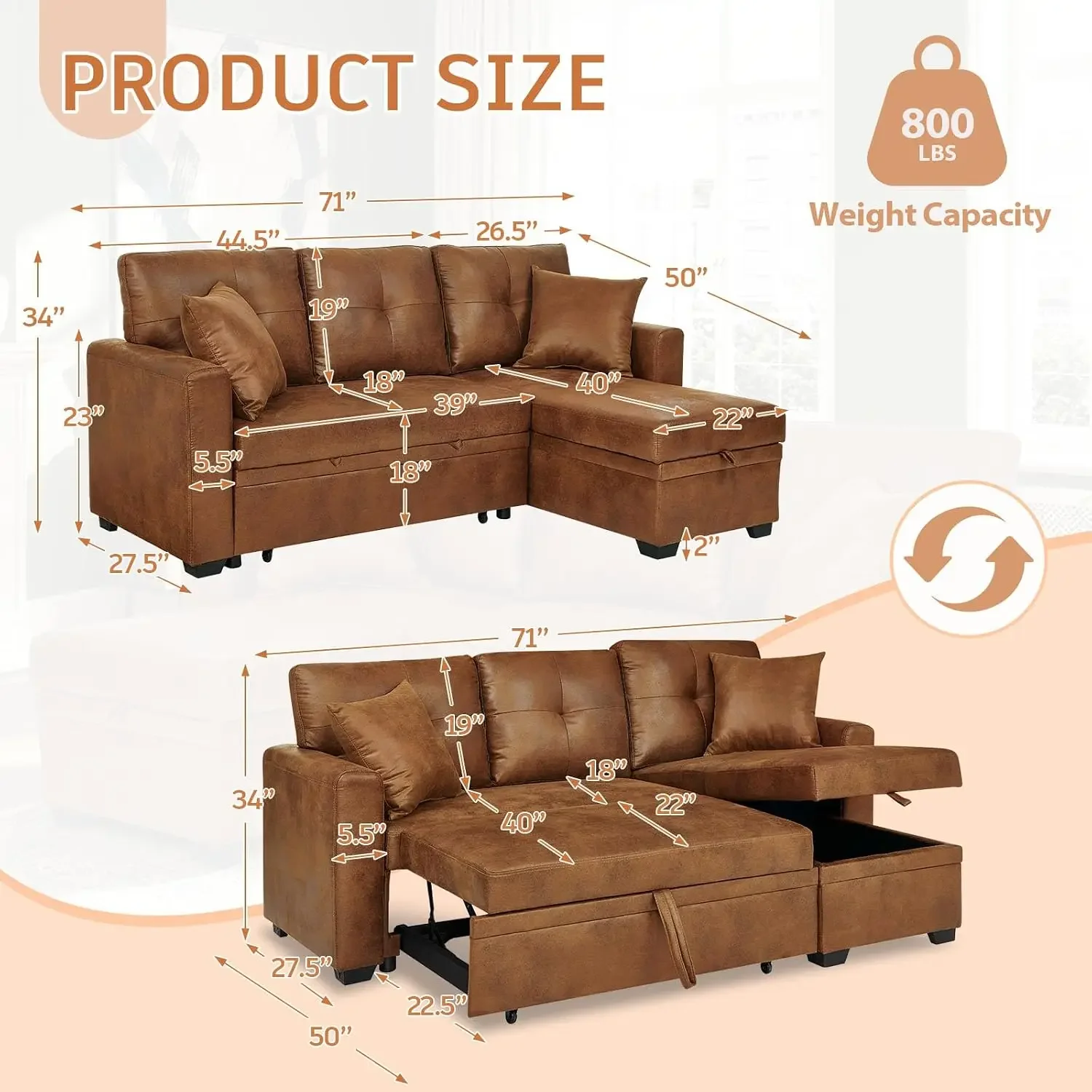 Convertible L-Shaped Sofa Bed with Storage Chaise, Comfy Tufted Faux Leather Sectional Couch with Pull-Out Bed, Modern Corner