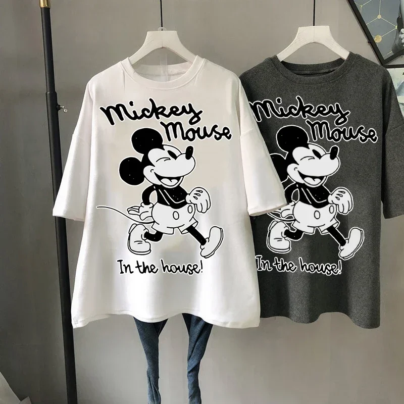 Kawaii Mickey Mouse Summer T-shirt Ladies Black Top Ladies Casual O-Neck Top Ladies Kormen Korean Style Harajuku Clothing