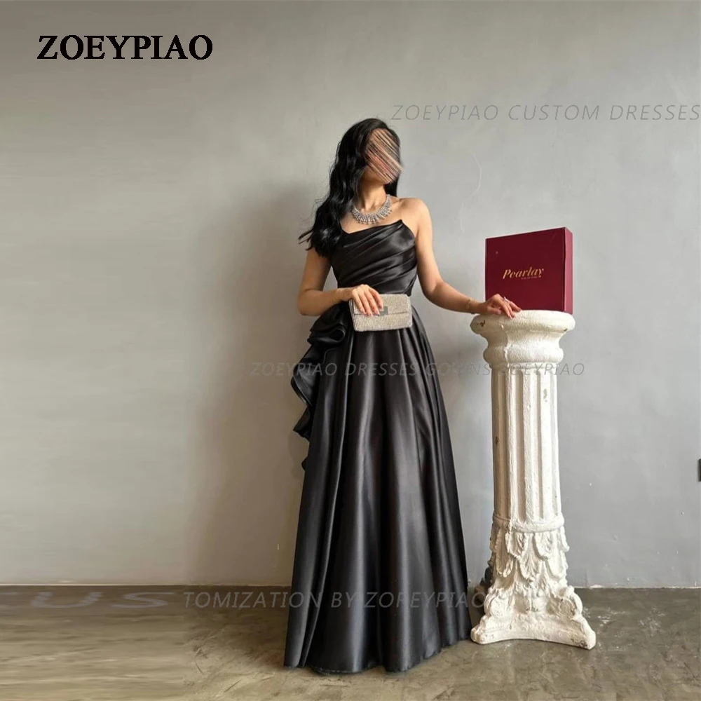 

Black Satin Evening Dresses Off Shoulder Pleated Saudi Arabic Party Formal Occasion Prom Gowns Floor Length فساتين الحفلات