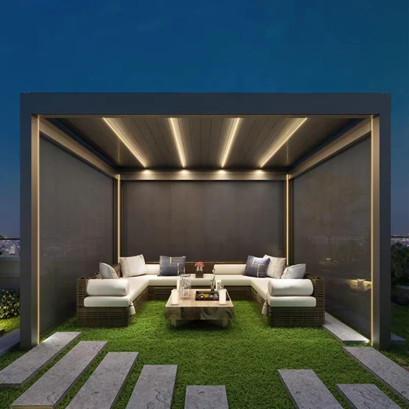#Aluminum pergola, rainproof, electrically adjustable gazebo, electric louvered awning, outdoor patio sunshade.