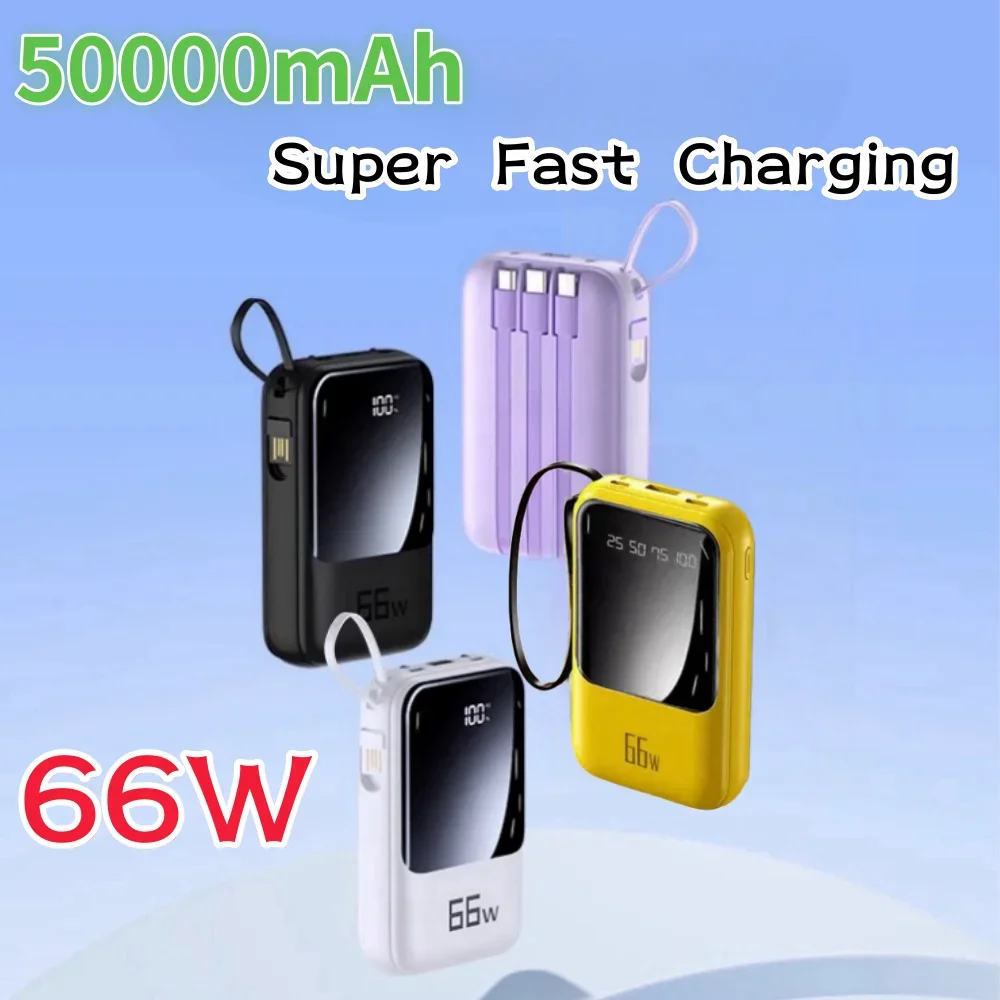 

50000mAh 66W ultra fast charging power bank with built-in cable, compact and portable data cable, three in one fast charging