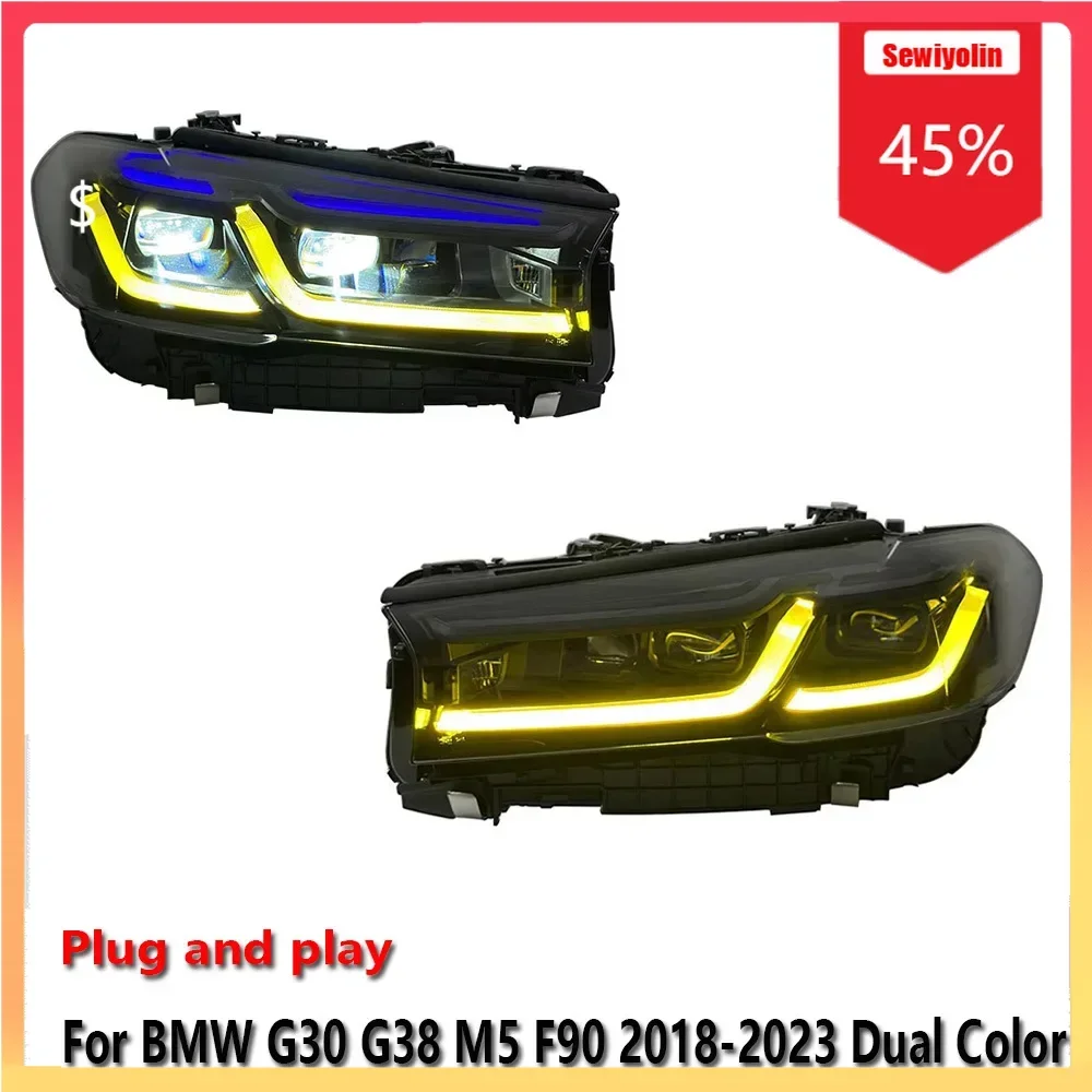 

Автомобильные светодиодные фары в сборе для BMW G30 G38 M5 F90 2018-2023, двухцветные противотуманные фары DRL, стоп-сигналы поворота Plug And Play