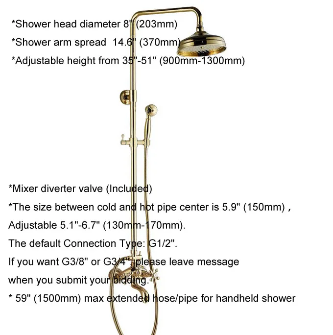 Golden Brass Wall Mounted Bathroom Faucet Set Rainfall/Handheld Shower Bathtub Hot And Cold Water Taps Kit 2gf441