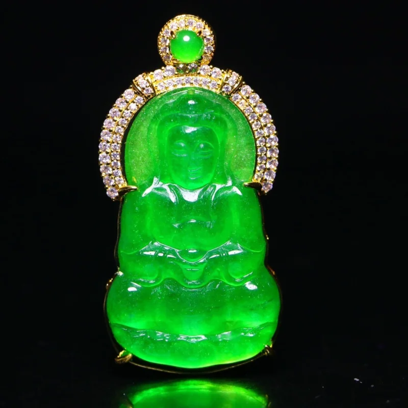 

Natural Perfect Ice green mosaic jade GuanyinBuddha Pendant&Necklace Certified