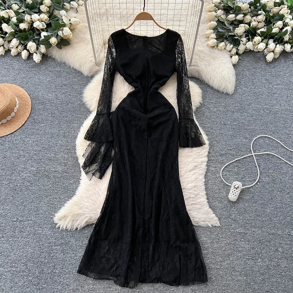 Elegancka sukienka w stylu vintage z długim rękawem i kwadratowym dekoltem, koronkowa, w stylu koreańskim, modna, słodka odzież damska.