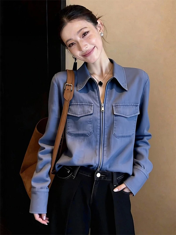 

Spring 2026 Blue Shirt Women's Loose Fit Double Zipper Casual Style Fashionable Versatile Long Sleeve Button up Top