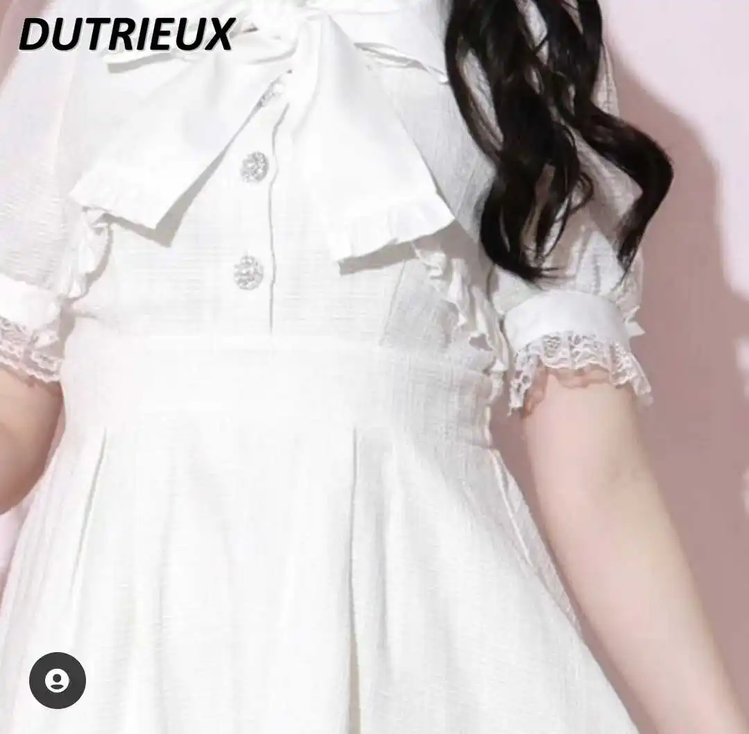 Japanese Style Sweet Cute Girls Hollow Out Tied Bow Top Slimming Dress and Base Shorts White Lolita Two Piece Set Outfits