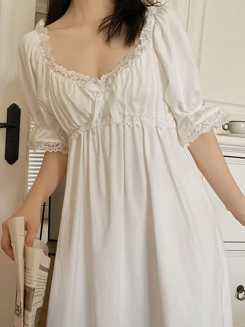 Women Summer Princess Fairy Sweet Nightgowns Pure Cotton Lace Sexy Pajama Vintage Sleepwear Female Victorian Peignoir Nightdress