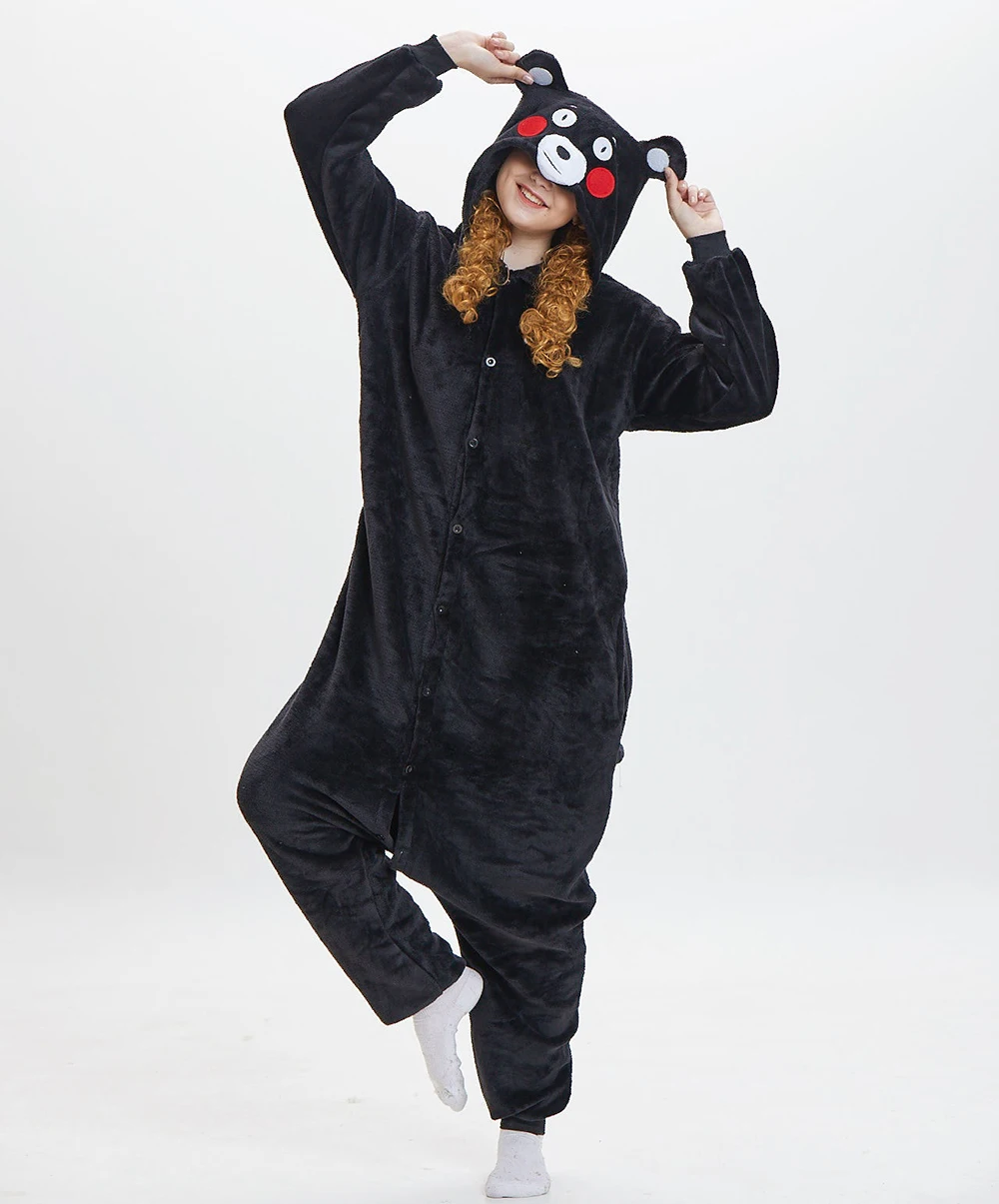 Unisex Adult One Piece Pajamas Flannel Warm Onesie Sleepwear Cartoon Black Bear Jumpsuits Nightgown Hanlloween Cosplay Costume