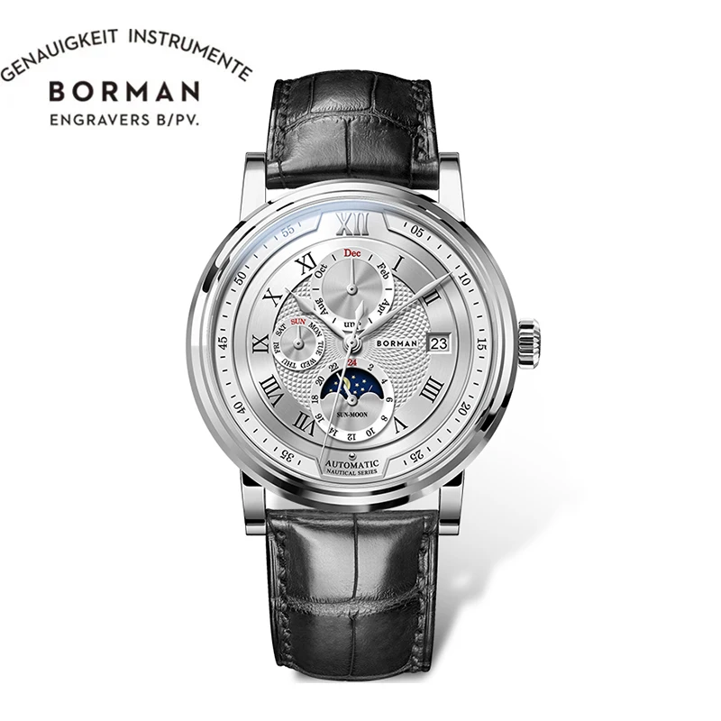 

BORMAN Auto Self-winding Mechanical Movement Wristwatch Multi-function Date Leather Men Dressing Wrist Automatic Watches