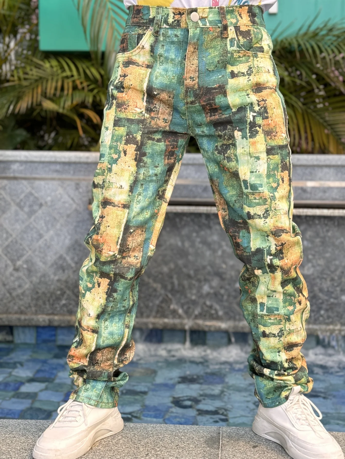Trendy Men's Denim Patchwork Collection  Fashionable Street Hip Hop Style  Bold and Unique Patterns  Free Shipping on Promotion