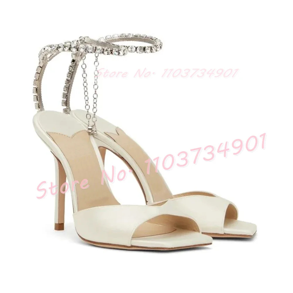 Metal Chain Pendant Crystals Sandals Women Ankle Strap Square Toe Stiletto Shoes Lady Satin Sexy Elegant Fish Patterns Sandals