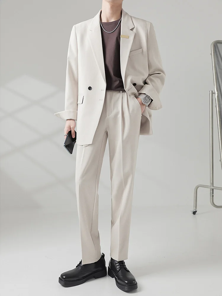 

Casual Korean Sle Men's Suit Set Drapey Ele Autumn Trendy Faionable Loose Fit Metal Decor Polyester Blend Long Sve