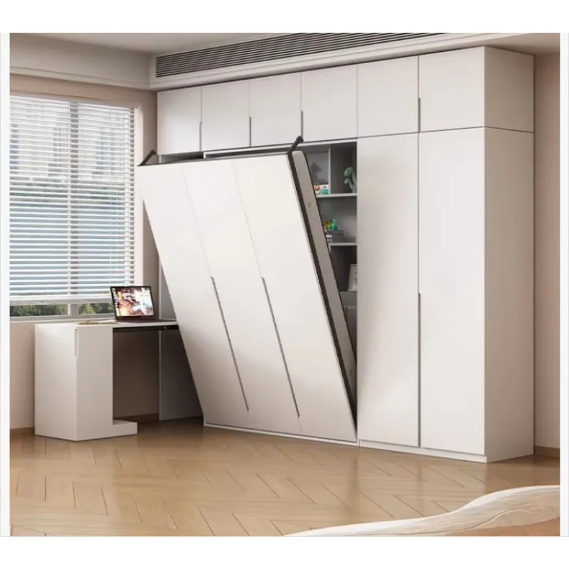 Space-Saving Full Size Hidden Foldable Murphy Bed with Wood Frame Steel Plywood Panels Wall Storage & Wardrobe