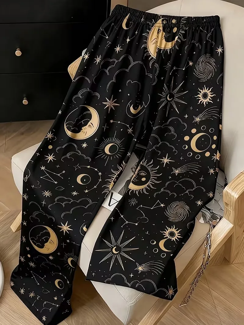 Women Black White Checkerboard Print Wide Leg Pants Elastic Waist Casual Trousers with Side Pockets Comfortable Wear Streetwear
