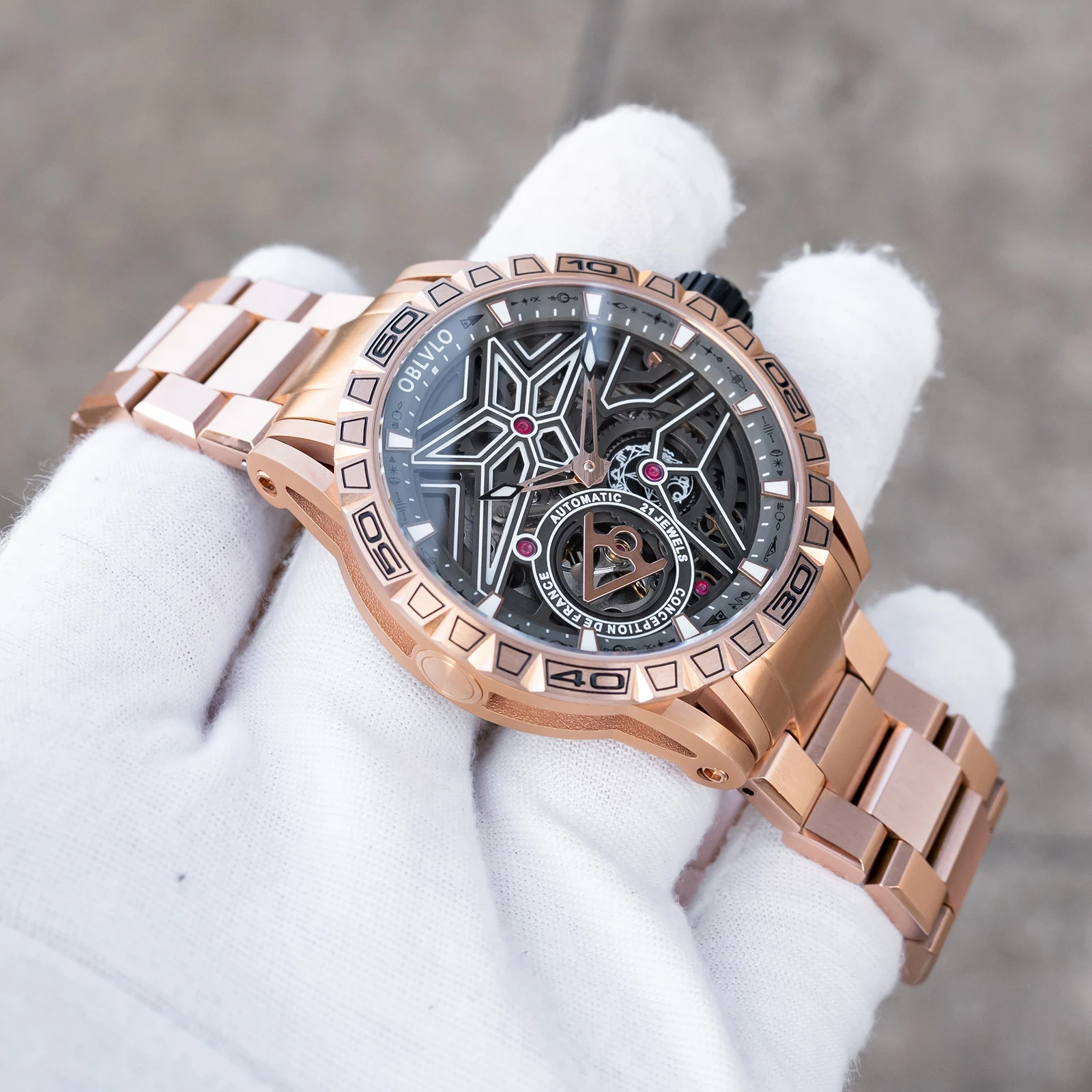 OBLVLO Мужские модные механические автоматические часы Cyber Planet Wheel Design Розовое золото Черный циферблат Светящиеся водонепроницаемые военные часы