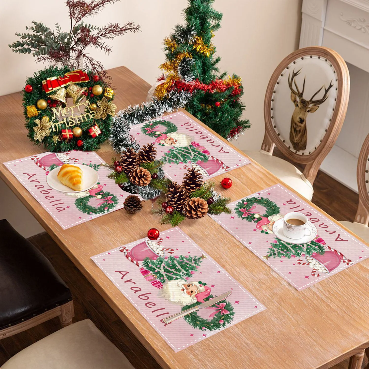 A Single Christmas Placemat Featuring Design with A Christmas Tree and Santa Claus, Personalized with A Name