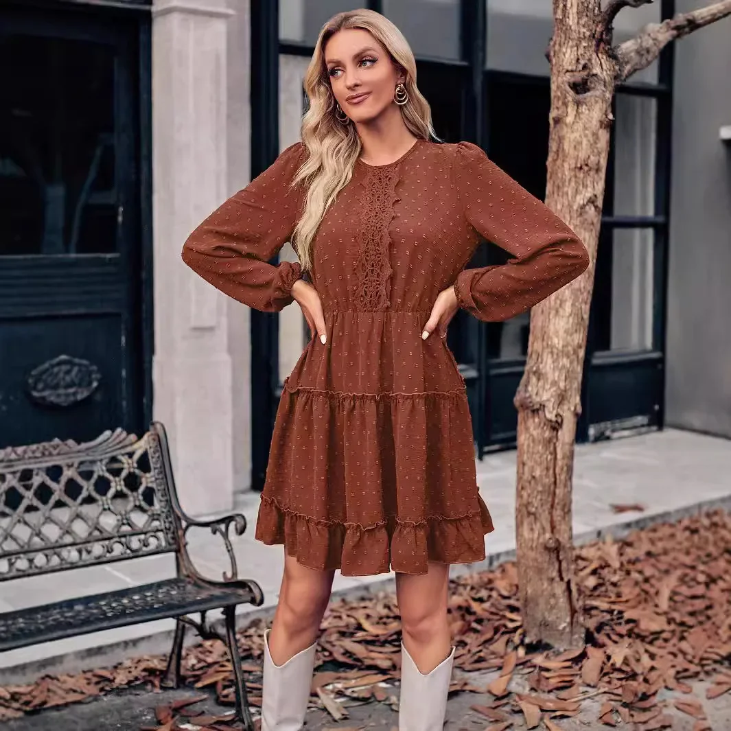 ชุดเดรสสตรีคอกลมผ้าลูกไม้สีทึบเอวสูงชุดมินิเดรสเซ็กซี่ใหม่