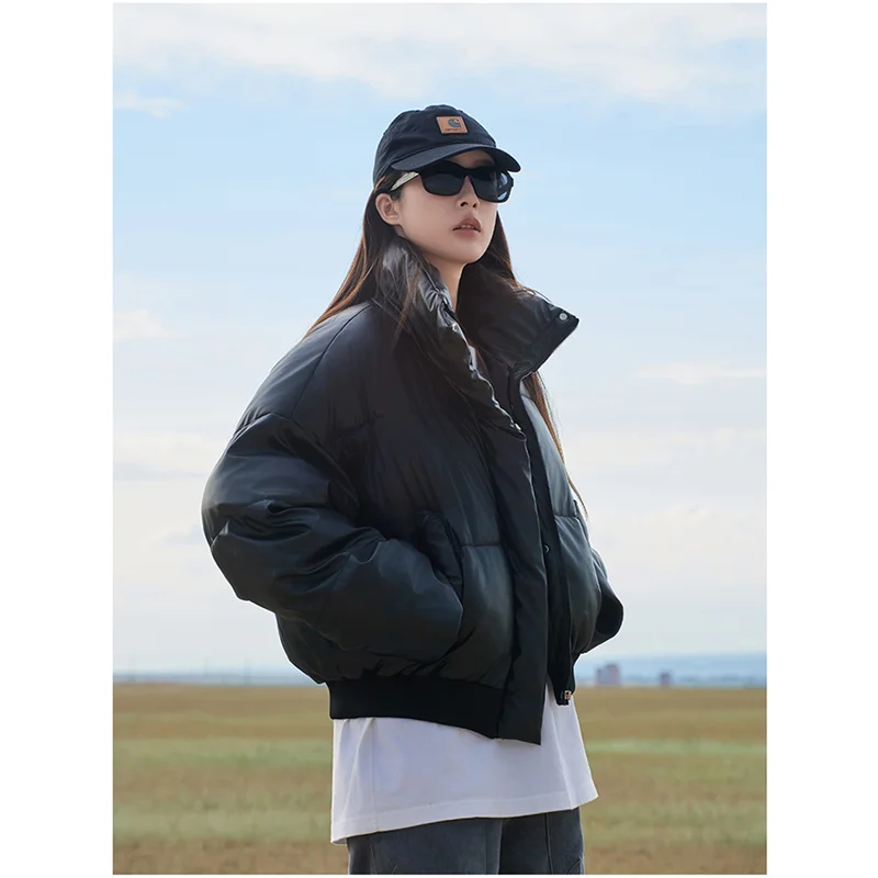 Thickening Down Jacket Women Coat Stand Collar Long Sleeves Fashion American Streetwear Duck Down Feather Female Winter Outwear